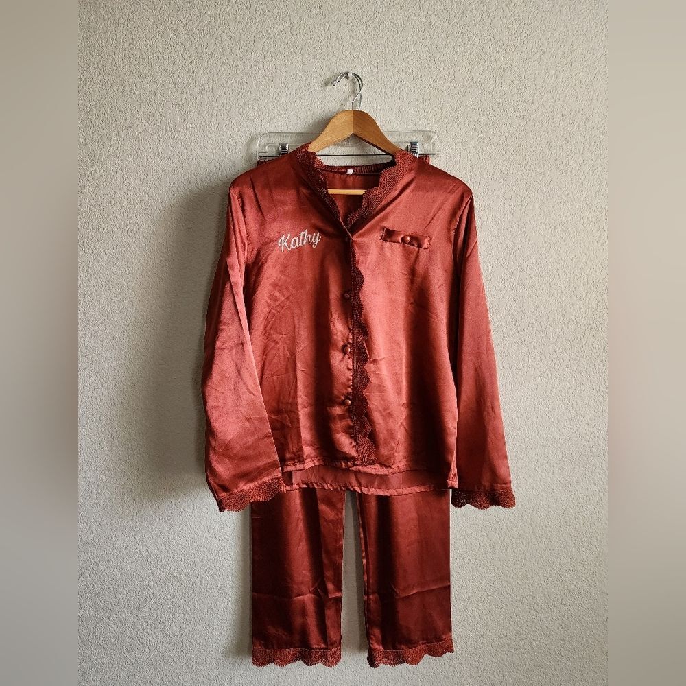 Custom Womenโs Medium Satin Terracotta PJ Set "Kathy" Bridesmaid Pajama Set